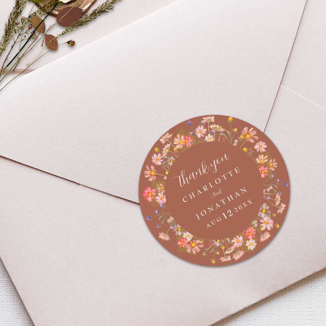 Boho Wildflower Burnt Orange Wedding Thank You  Classic Round Sticker (Boho fall rustic Wildflower floral burnt orange and beige Wedding thank you custom stickers )