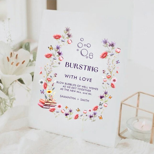 Boho Wildflower Bursting with Love Bridal Shower Pedestal Sign (Modern boho “Bursting with Love” floral sign for elegant bridal décor.)