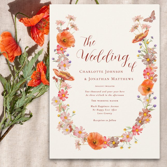 Boho Wildflower Butterfly Earthy Tones Invitation (Boho wildflower butterfly wedding invitation in orange brown and peach watercolor florals)