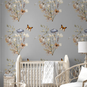 Boho Wildflower Butterfly Floral Wallpaper
