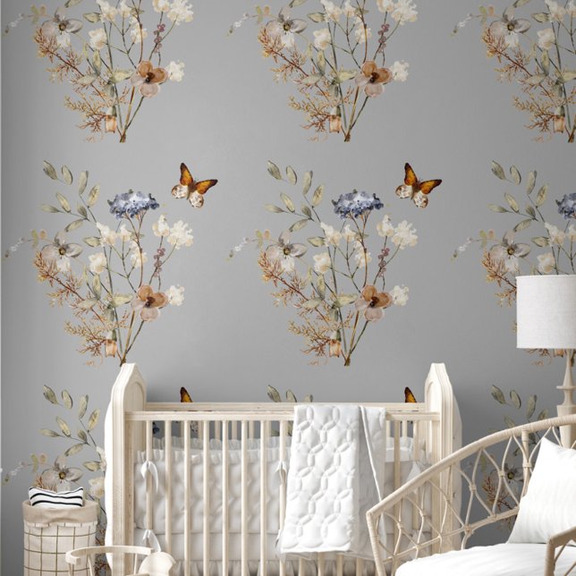 Boho Wildflower Butterfly Floral  Wallpaper (Boho Wildflower Floral Butterfly Nursery Wallpaper, Nursery Decor for Baby Girl, Grey Background )