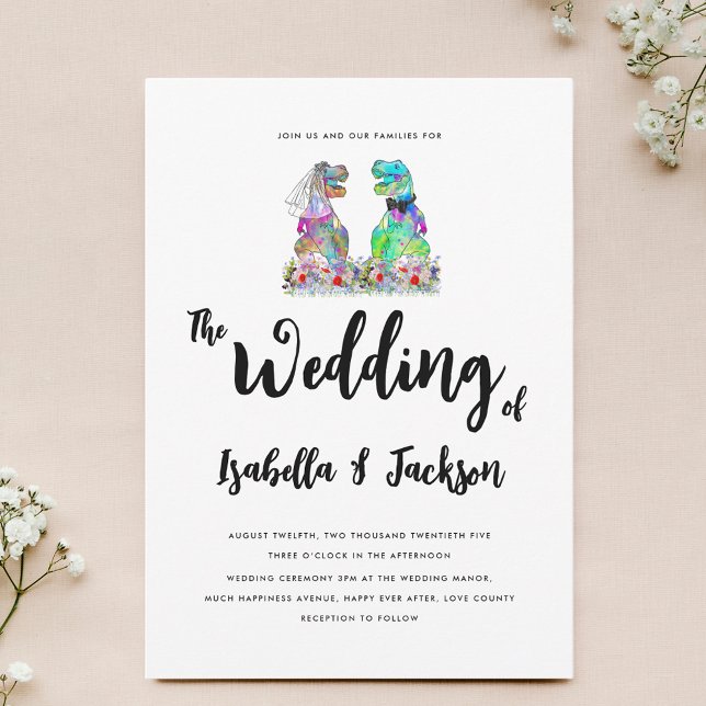 Boho Wildflower Dinosaur Bride and Groom Wedding Invitation (Colorful boho wildflower Dinosaur theme wedding invitation with fun T-Rex bride and groom)