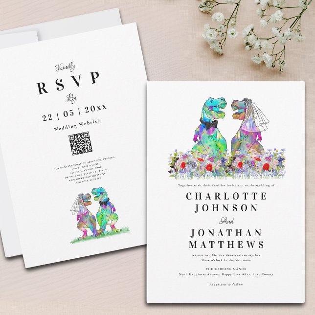 Boho Wildflower Dinosaur Wedding Invitation (Boho wildflower dinosaur theme wedding invitation with qr code and T-Rex bride and groom)