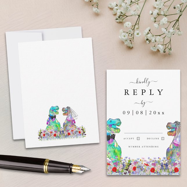 Boho Wildflower Dinosaur Wedding Reply RSVP Card (Wildflower dinosaur wedding invitation rsvp enclosure card with T-Rex bride and groom)