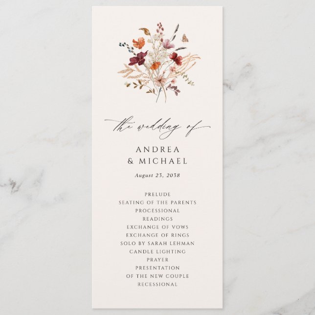 Boho Wildflower Elegant Fall Wedding Programme (Front)