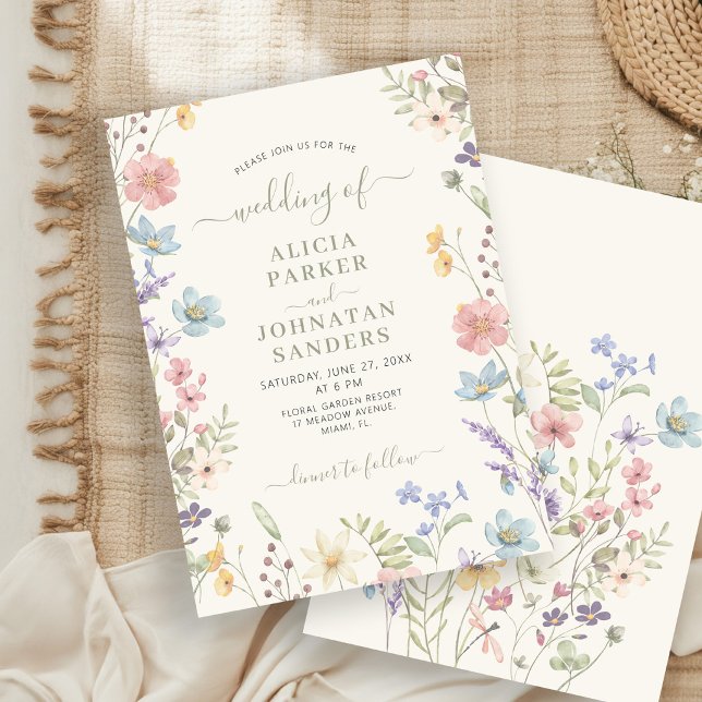 Boho wildflower elegant sage script floral wedding invitation (Creator Uploaded)