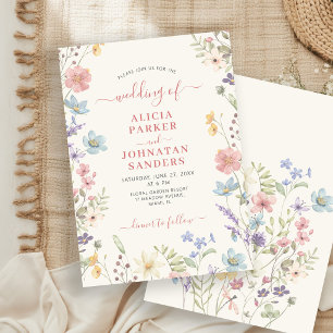 Boho wildflower elegant script floral wedding invitation