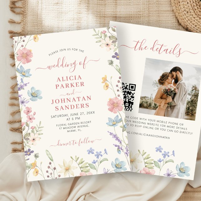 Boho wildflower elegant script QR code wedding Invitation (Creator Uploaded)