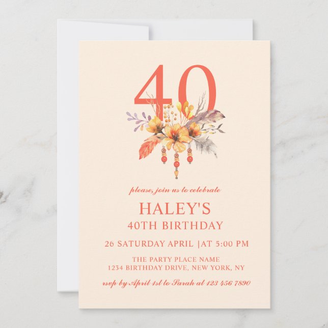 Boho Wildflower Fall Autumn Floral 40TH Birthday Invitation (Front)