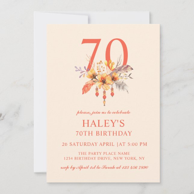 Boho Wildflower Fall Autumn Floral 70TH Birthday Invitation (Front)