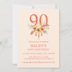 Boho Wildflower Fall Autumn Floral 90TH Birthday Invitation