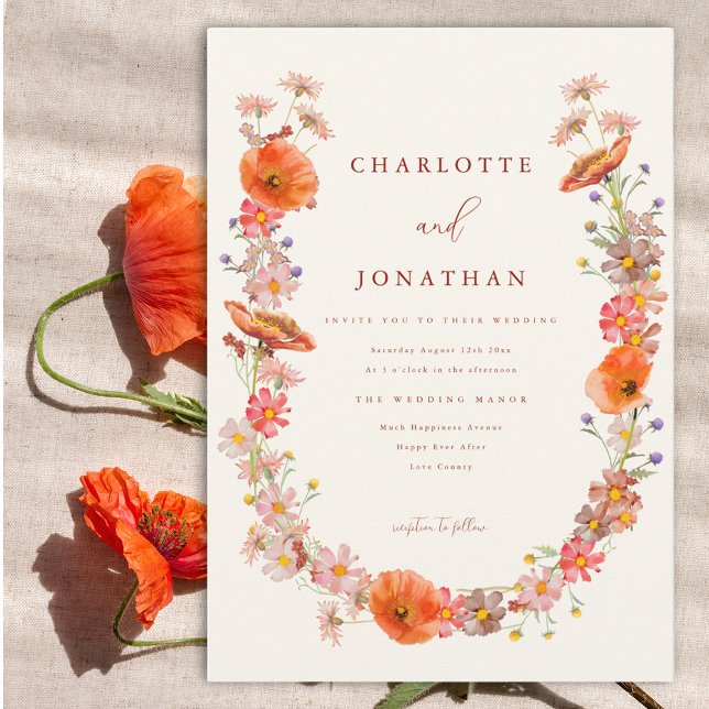 Boho Wildflower Fall Wedding Invitation (Modern wildflower wedding invitation with watercolor florals boho wreath)