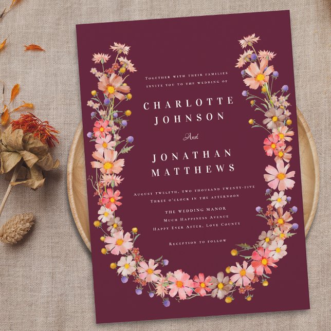 Boho Wildflower Fall Wedding Invitation (Burgundy boho fall floral wreath wedding invitation Watercolor wildflowers elegant modern)