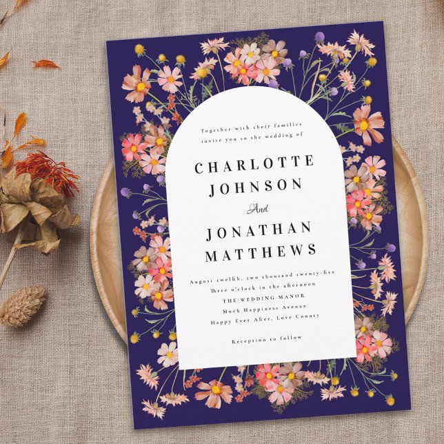 Boho Wildflower Fall Wedding Invitation (Boho rustic wildflower navy blue fall wedding invitation Elegant modern watercolor florals)