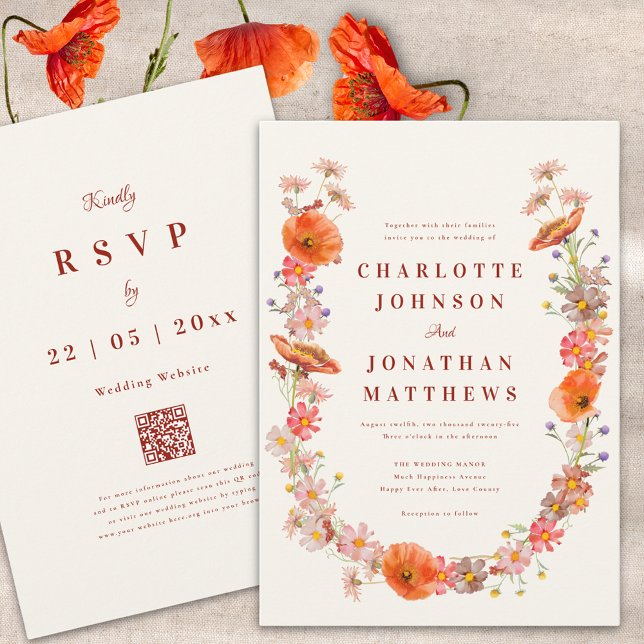 Boho Wildflower Fall Wedding Invitation (Boho dried flowers fall wedding invitation with qr code)