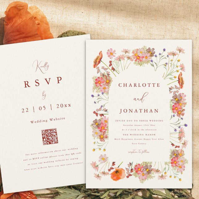 Boho Wildflower Fall Wedding Invitation (Boho wildflower fall wedding invitation with dried flowers and burnt orange script qr code)