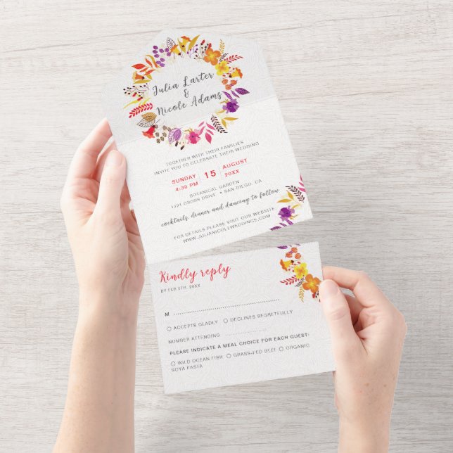 Boho Wildflower Fall Wreath Foliage Wedding All In One Invitation (Tearaway)