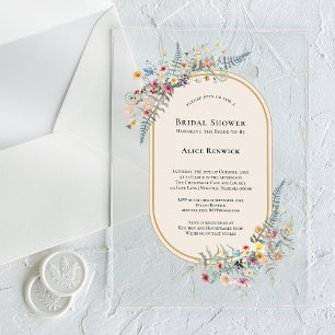 Boho Wildflower Fern Beige Bridal Shower Acrylic Invitations