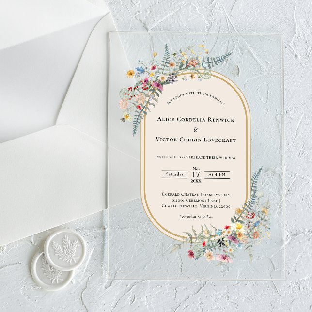 Boho Wildflower Fern Beige Wedding Acrylic Invitations (Creator Uploaded)