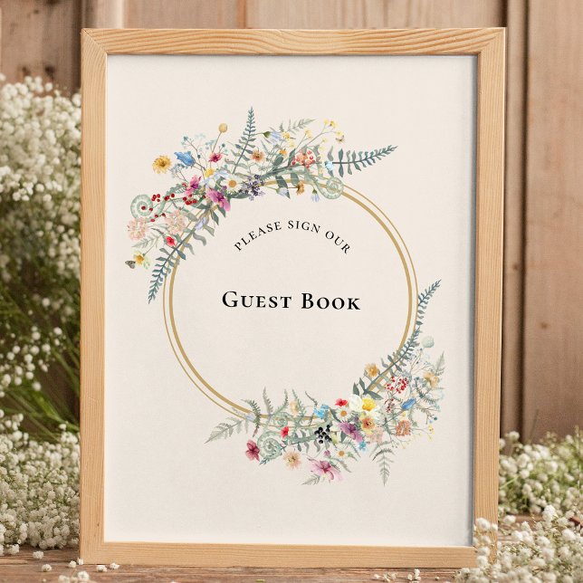 Boho Wildflower Fern Beige Wedding Guest Book Sign (Creator Uploaded)
