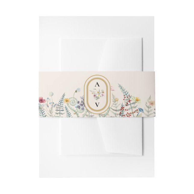 Boho Wildflower Fern Beige Wedding Monogram Invitation Belly Band (Front Example)