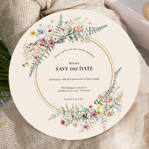 Boho Wildflower Fern Beige Wedding Round Save The Date