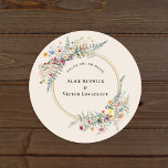 Boho Wildflower Fern Beige Wedding Thank You Favou Classic Round Sticker<br><div class="desc">This Boho Wildflower Fern Beige Wedding Thank You Favour Classic Round Sticker design is an elegant arrangement of classic gold geometric frames embellished with delicate boho floral greenery bouquets and stems. Featuring a palette of timeless ivory beige backgrounds with simple classic black typography and whimsical colourful wildflowers, creating a lovely...</div>