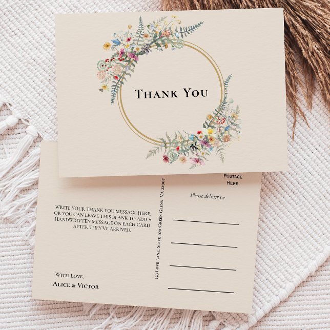 Boho Wildflower Fern Beige Wedding Thank You Postcard (Creator Uploaded)