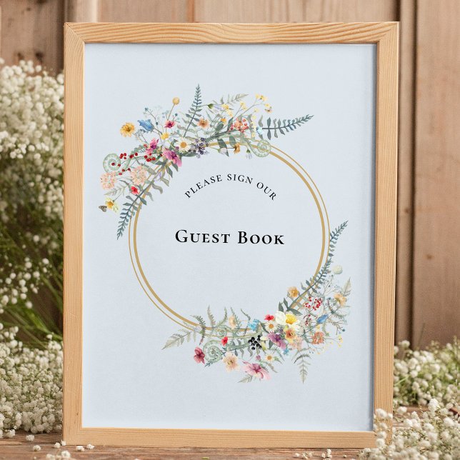 Boho Wildflower Fern Dusty Blue Guest Book Sign (Creator Uploaded)