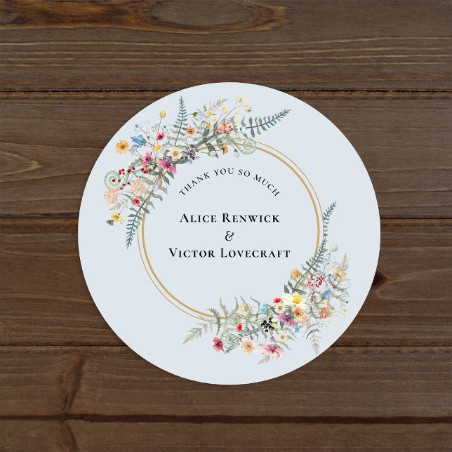 Boho Wildflower Fern Dusty Blue Thank You Favour Classic Round Sticker (Creator Uploaded)