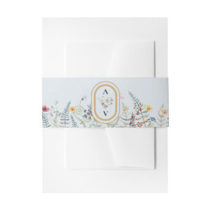 Boho Wildflower Fern Dusty Blue Wedding Monogram Invitation Belly Band