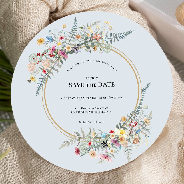 Boho Wildflower Fern Dusty Blue Wedding Round Save The Date (Creator Uploaded)