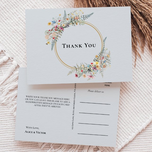 Boho Wildflower Fern Dusty Blue Wedding Thank You Postcard (Creator Uploaded)