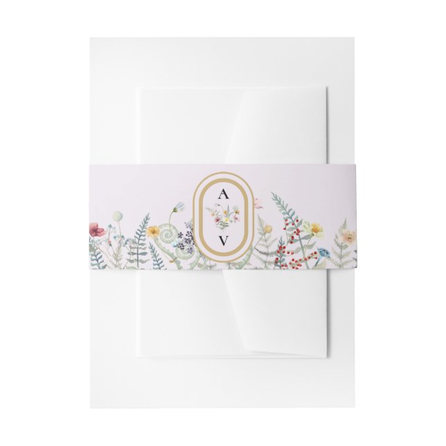 Boho Wildflower Fern Lavender Wedding Monogram Invitation Belly Band (Front Example)