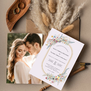 Boho Wildflower Fern Lavender Wedding Photo Invitation