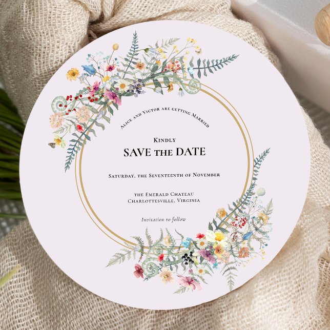 Boho Wildflower Fern Lavender Wedding Round Save The Date (Creator Uploaded)