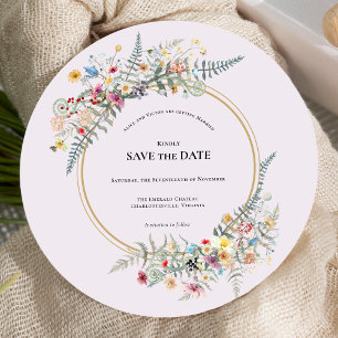 Boho Wildflower Fern Lavender Wedding Round Save The Date