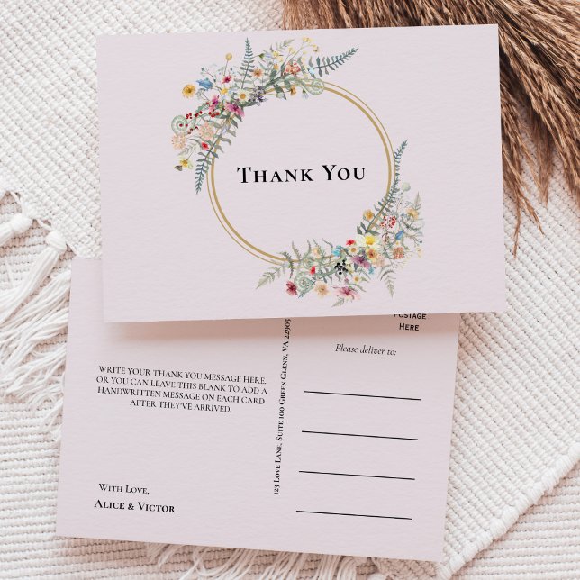 Boho Wildflower Fern Lavender Wedding Thank You Postcard (Creator Uploaded)