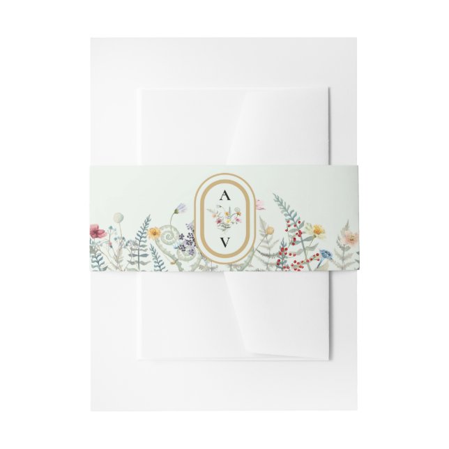 Boho Wildflower Fern Mint Green Wedding Monogram Invitation Belly Band (Front Example)