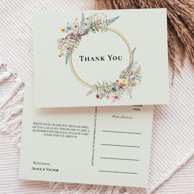 Boho Wildflower Fern Mint Green Wedding Thank You Postcard (Creator Uploaded)