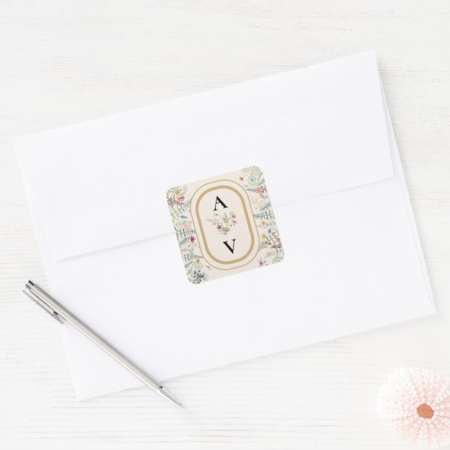 Boho Wildflower Fern Wedding Monogram Favour Square Sticker (Envelope)