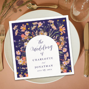Boho Wildflower Floral Arch Navy Blue Wedding Napkin