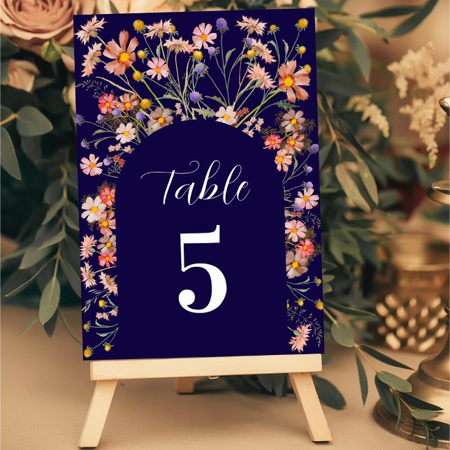 Boho Wildflower Floral Arch Navy Blue Wedding Table Number (Boho fall wildflower floral arch navy blue and white wedding table number card Elegant modern )
