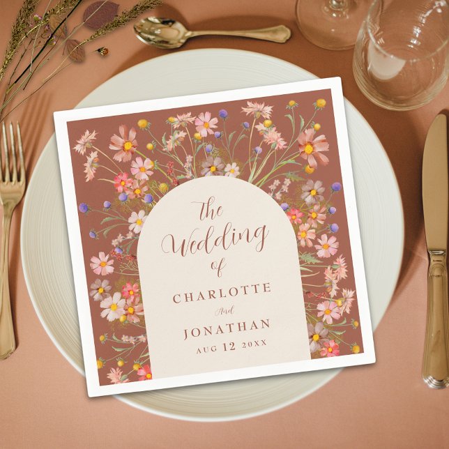 Boho Wildflower Floral Arch Terracotta Wedding Napkin (Boho fall rustic wildflower floral arch terracotta and beige wedding custom napkin Modern elegant)