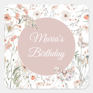 Boho Wildflower Floral Baby Birthday Square Sticker