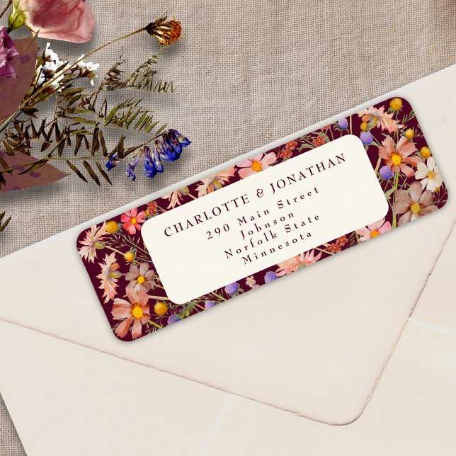 Boho Wildflower Floral Burgundy Cream Wedding (Boho fall rustic wildflower floral watercolor burgundy and ivory cream wedding return address label)