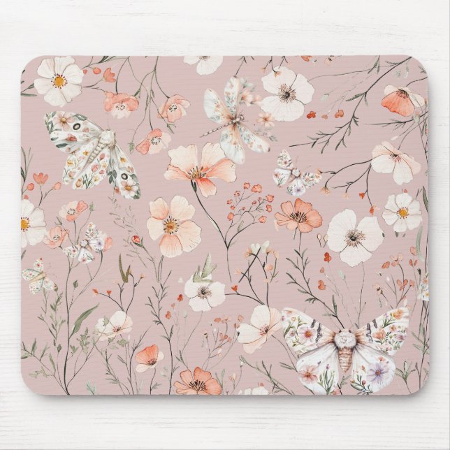 Boho Wildflower Floral Butterfly Mouse Pad (Front)