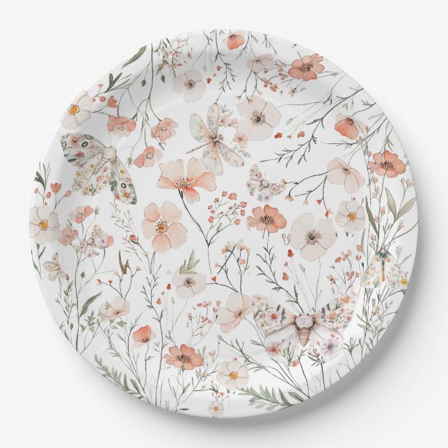 Boho Wildflower Floral Butterfly Paper Plate (Front)
