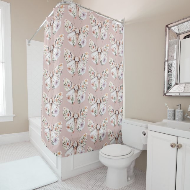Boho Wildflower Floral Butterfly Shower Curtain (In Situ)