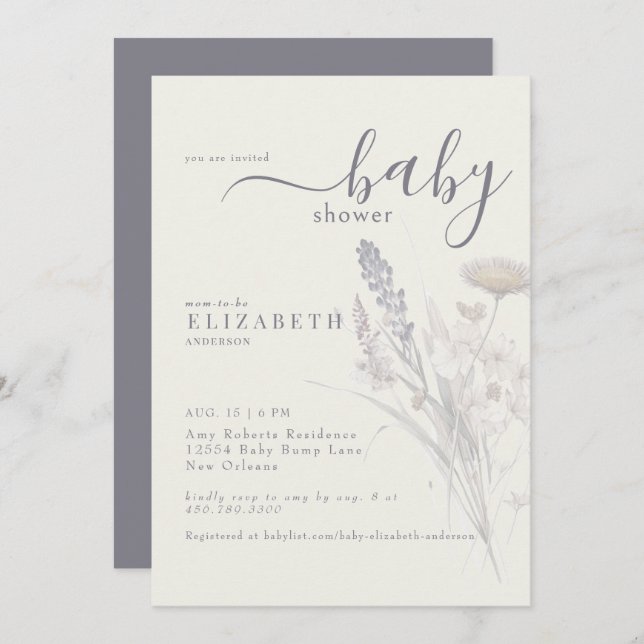Boho Wildflower Floral Cream Baby Shower Invitation (Front/Back)